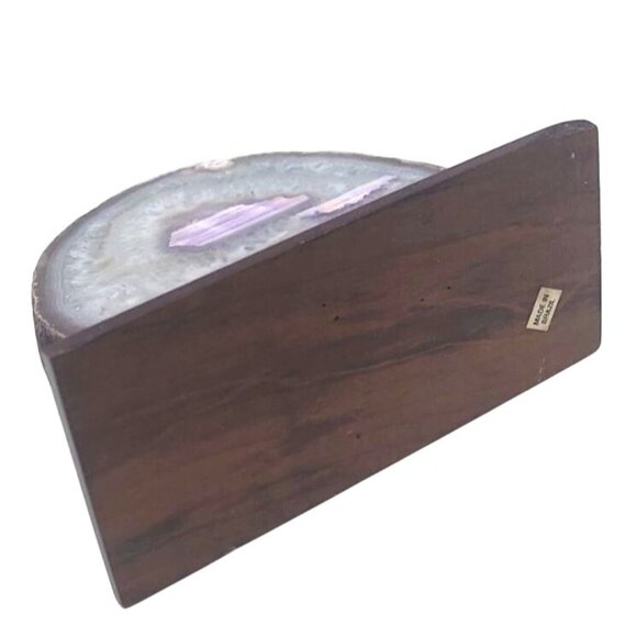 Brazilian Geode Agate Slice White & Purple Banded Mounted Wood Base - Picture 5 of 7